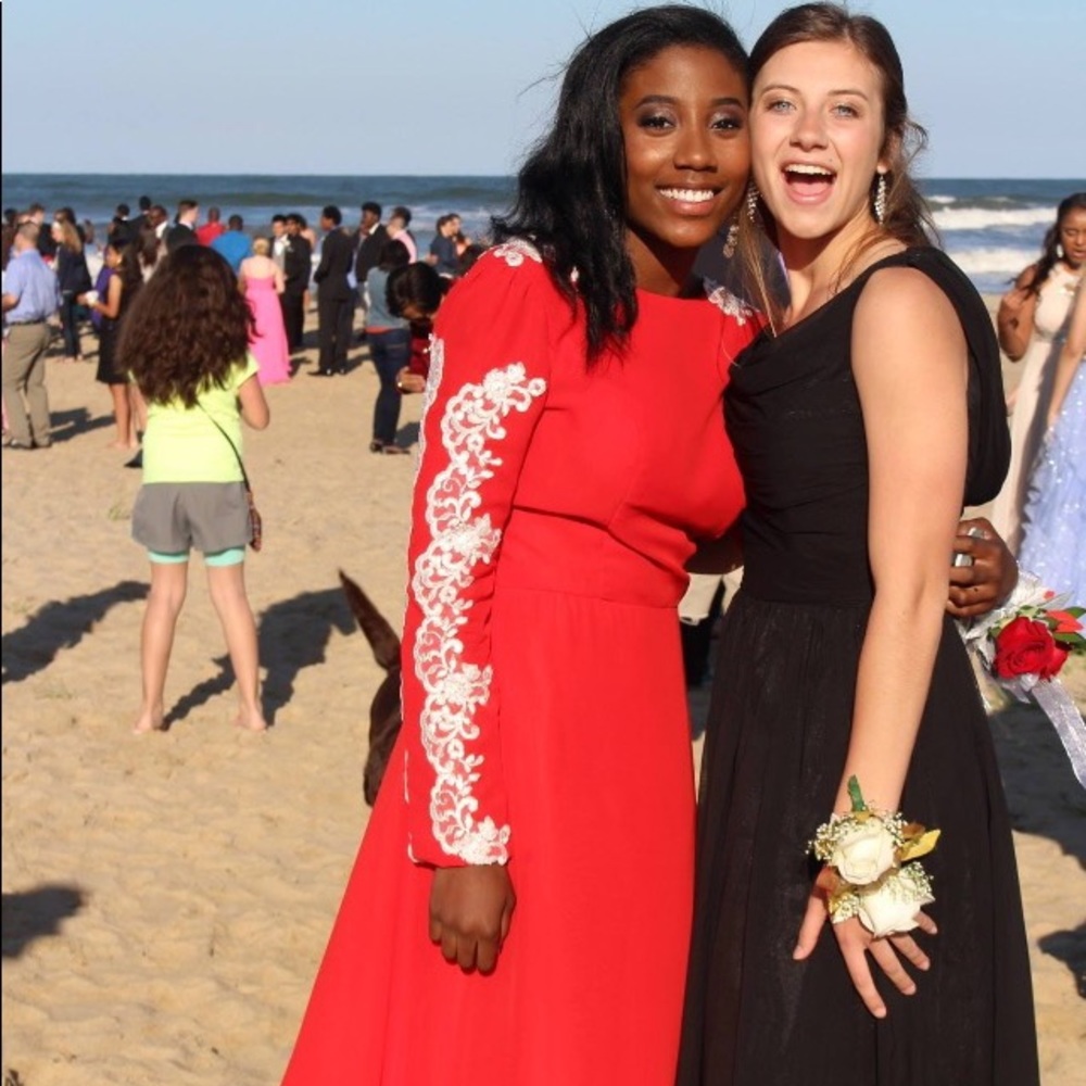 Red floor length lace Long Sleeve Prom Dress